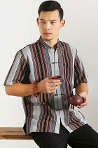 Mandarin Short-sleeve Stripe Cotton Shirt (RM)