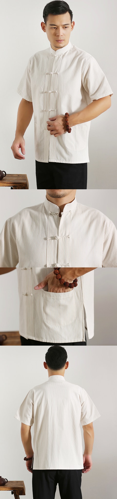 Mandarin Short-sleeve Stripe Cotton Shirt (RM)