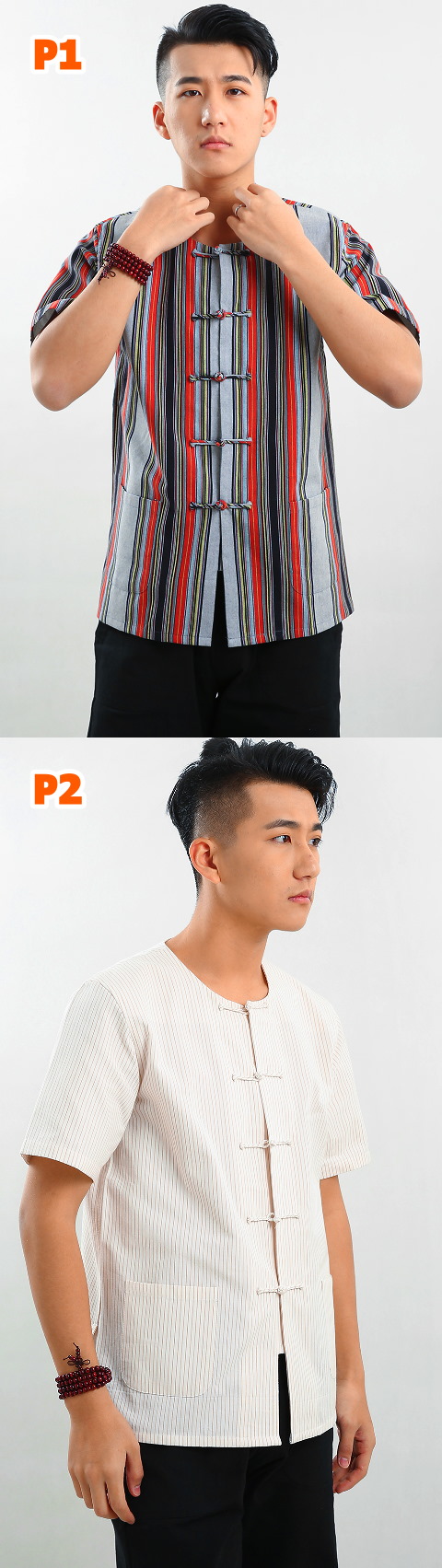 Mandarin Short-sleeve Stripe Cotton Shirt (RM)