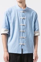 Chic Mandarin Elbow-length Folding-sleeve Cotton Shirt (RM/CM)