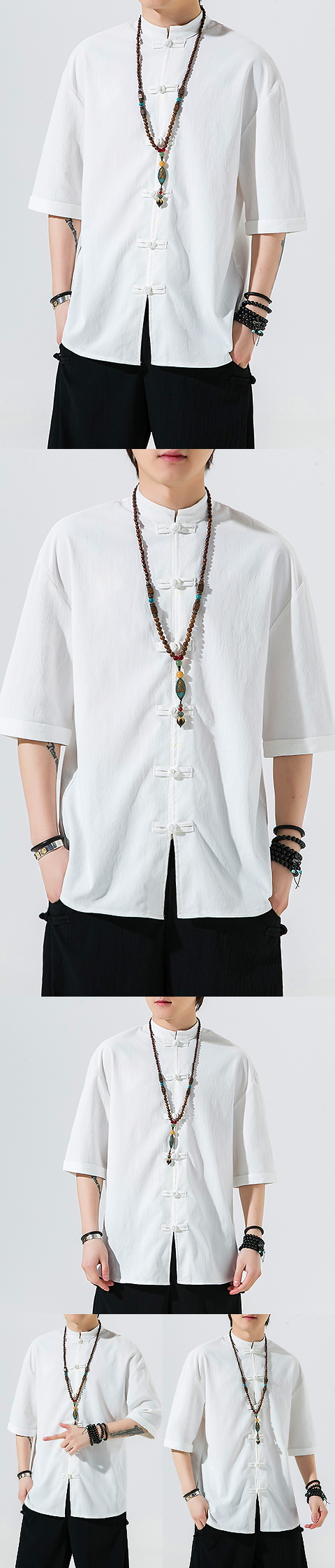 Chic Mandarin Elbow-length Folding-sleeve Cotton Shirt (RM/CM)