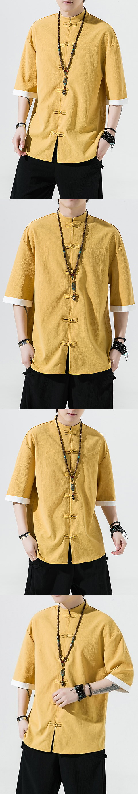 Chic Mandarin Elbow-length Folding-sleeve Cotton Shirt (RM/CM)