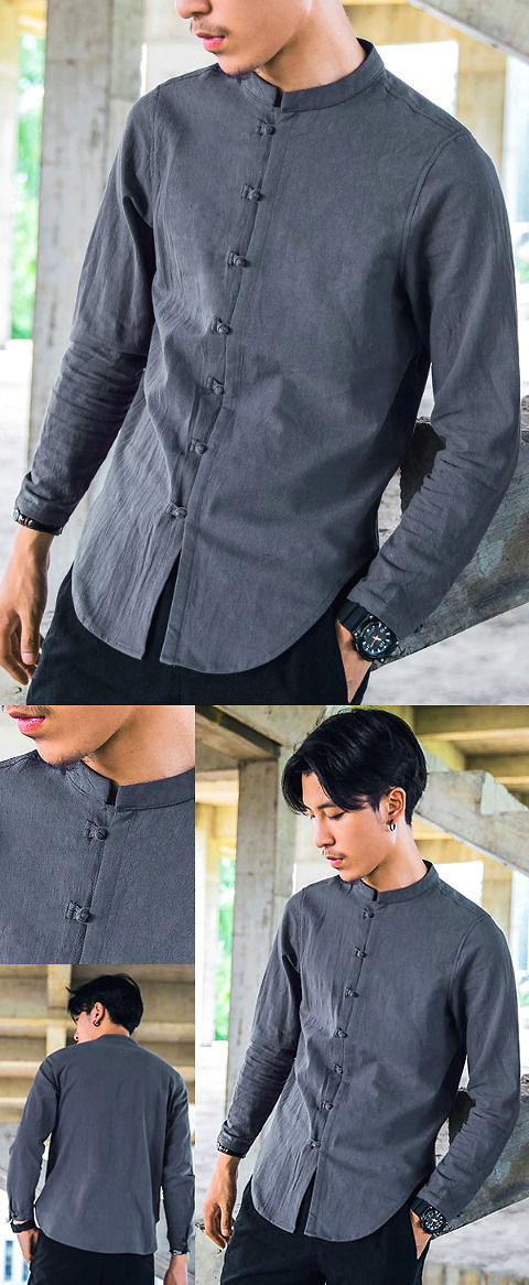 Chic Linen Long-sleeve Mandarin Shirt (RM)