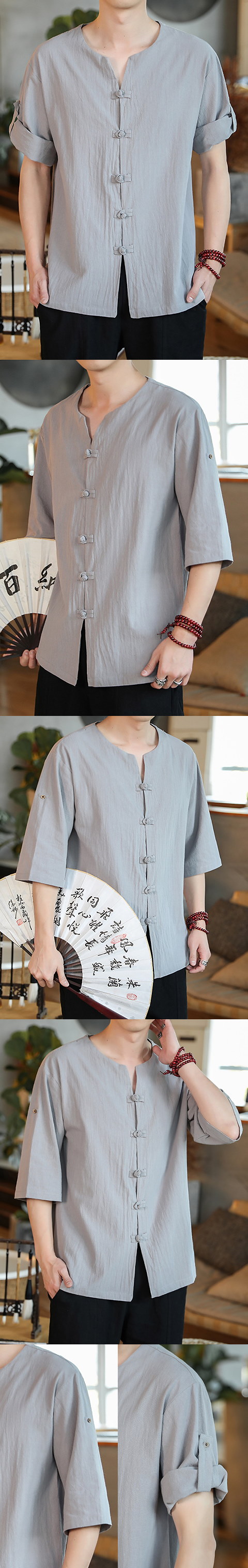 Chic Mandarin Elbow-length Folding-sleeve Cotton Shirt (RM)