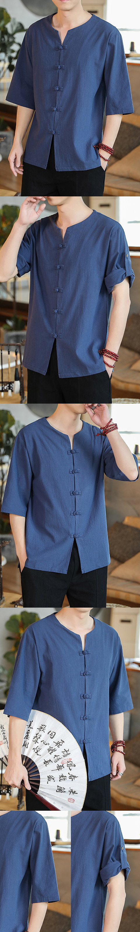 Chic Mandarin Elbow-length Folding-sleeve Cotton Shirt (RM)