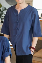 Chic Mandarin Elbow-length Folding-sleeve Cotton Shirt (RM)