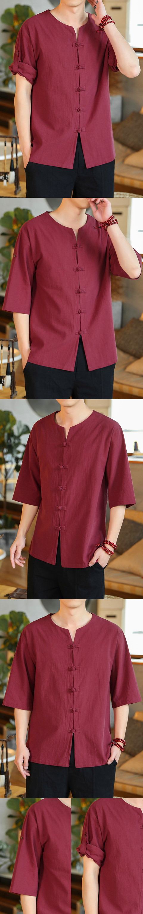 Chic Mandarin Elbow-length Folding-sleeve Cotton Shirt (RM)