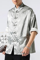 Chic Mandarin Jacquard Elbow-length Folding-sleeve Shirt (RM/CM)