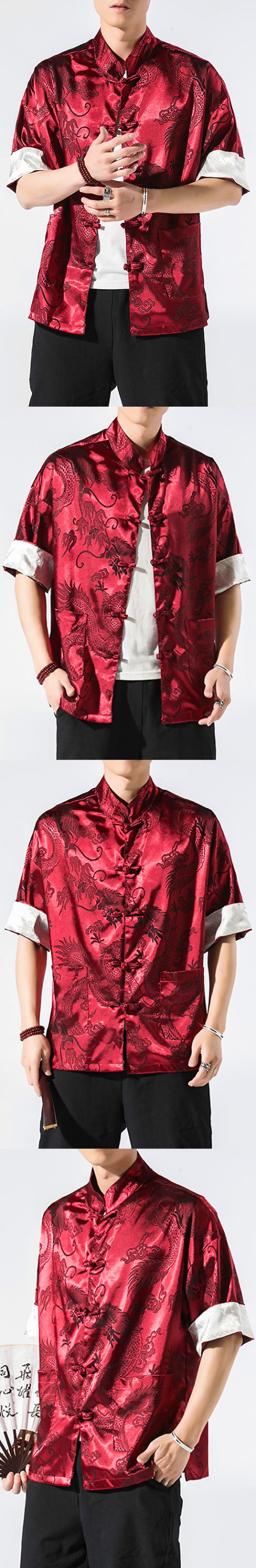 Chic Mandarin Jacquard Elbow-length Folding-sleeve Shirt (RM/CM)