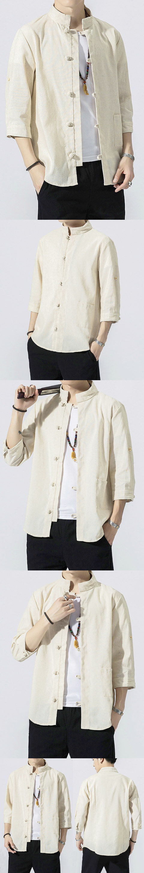 Chic Mandarin 3/4-sleeve Cotton Shirt - Beige (RM)