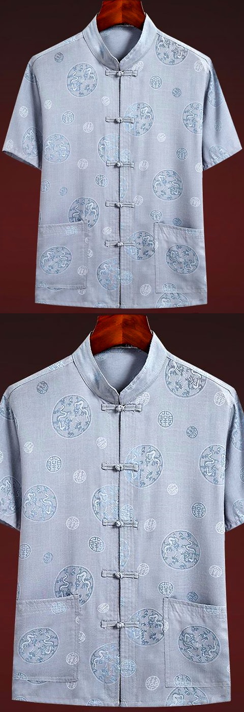 Dual-dragon Linen Short-sleeve Mandarin Shirt (RM)