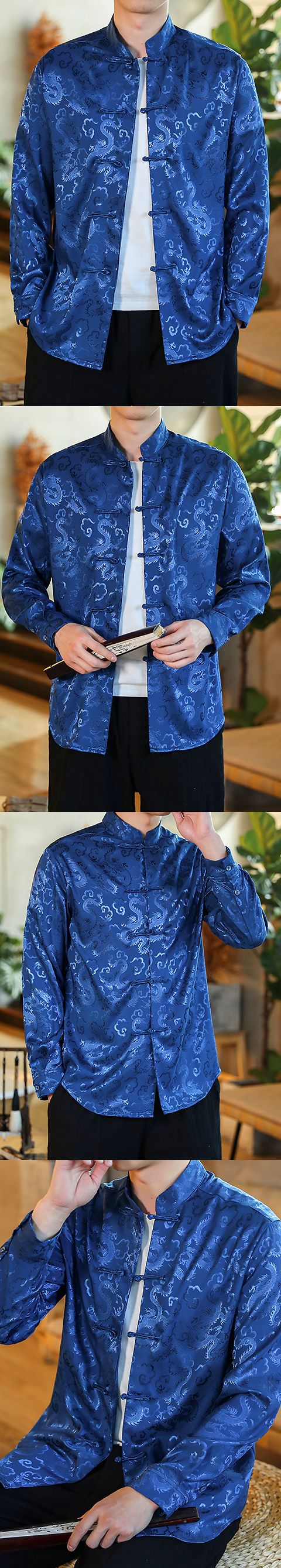 Dragon Embroidery Jacquard Long-sleeve Mandarin Top (RM)