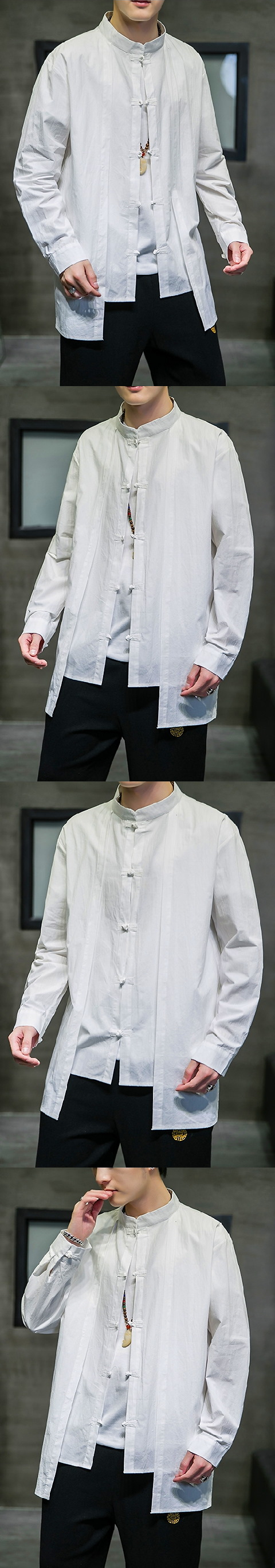 Standing Collar Linen Faux-2-piece Shirt (RM)