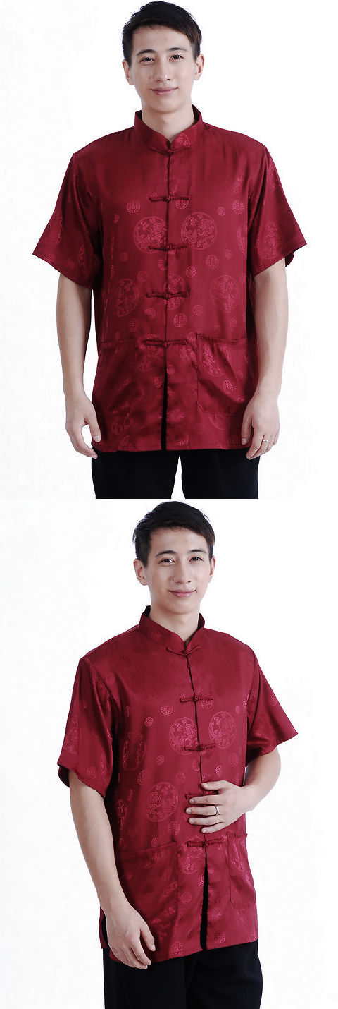 Short-sleeve Huddling Dragons Mandarin Shirt - Dark Red (RM)