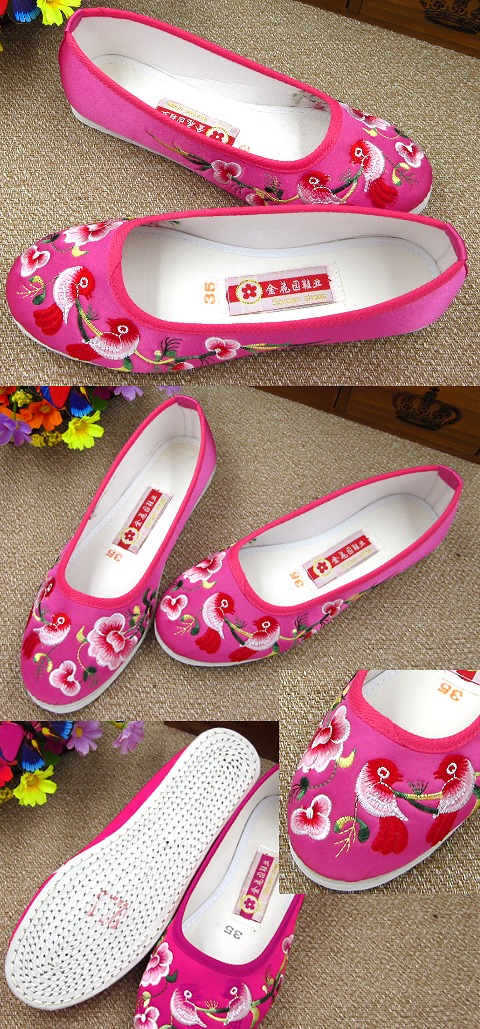 Satin Flower and Bird Embroidery Shoes (Fuchsia)