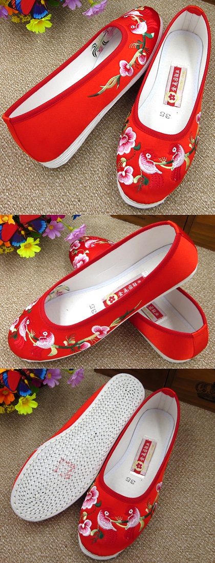 Satin Flower and Bird Embroidery Shoes (Red)