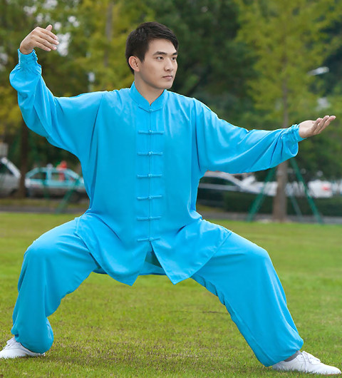 Professional Taichi Kungfu Uniform with Pants - Cotton/Silk - Light Blue (RM)