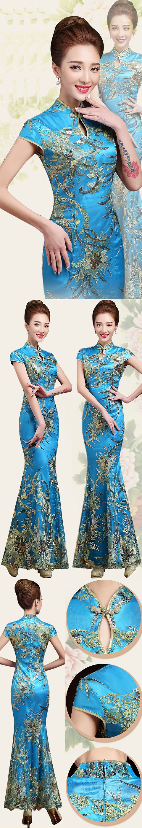 Cup-sleeve Long-length Evening-dress Cheongsam - Blue (RM)
