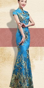 Cup-sleeve Long-length Evening-dress Cheongsam - Blue (RM)