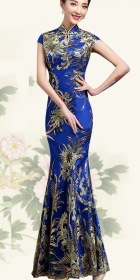 Cup-sleeve Long-length Evening-dress Cheongsam - Dk Blue (RM)