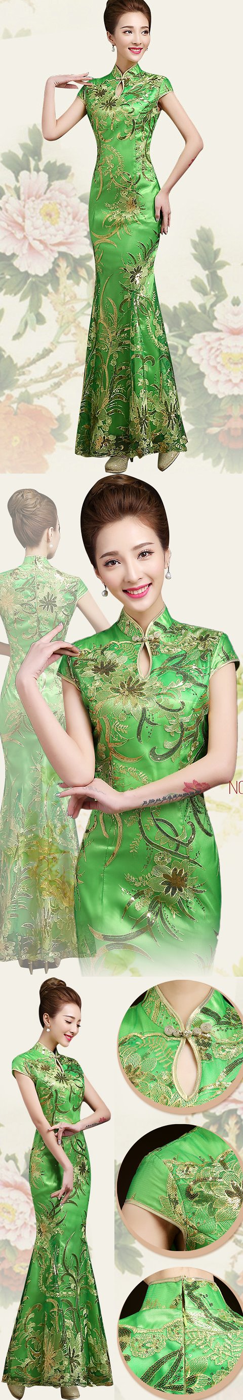 Cup-sleeve Long-length Evening-dress Cheongsam - Green (RM)