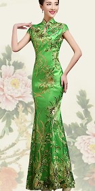 Cup-sleeve Long-length Evening-dress Cheongsam - Green (RM)