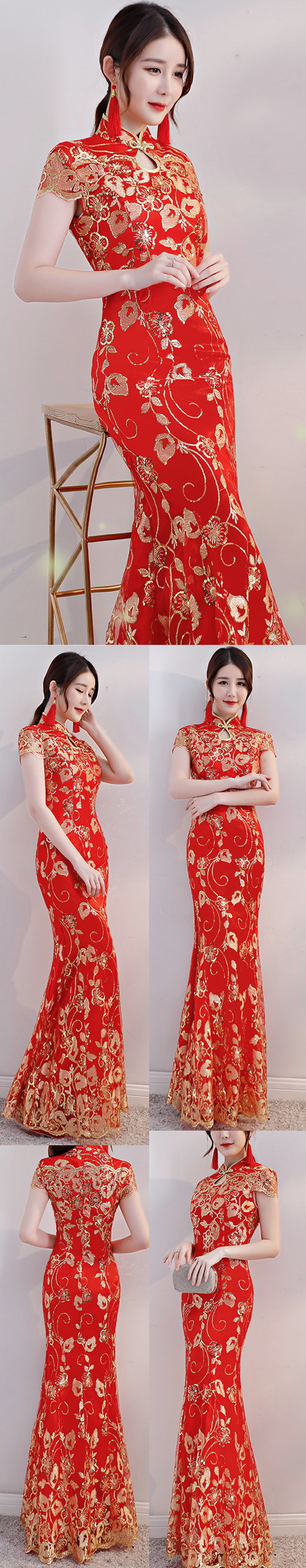 Cup-sleeve Long-length Evening-dress Cheongsam - Red (RM)