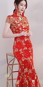 Cup-sleeve Long-length Evening-dress Cheongsam - Red (RM)