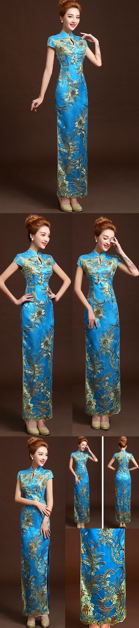 Cup-sleeve Long-length Evening-dress Cheongsam - Blue (RM)