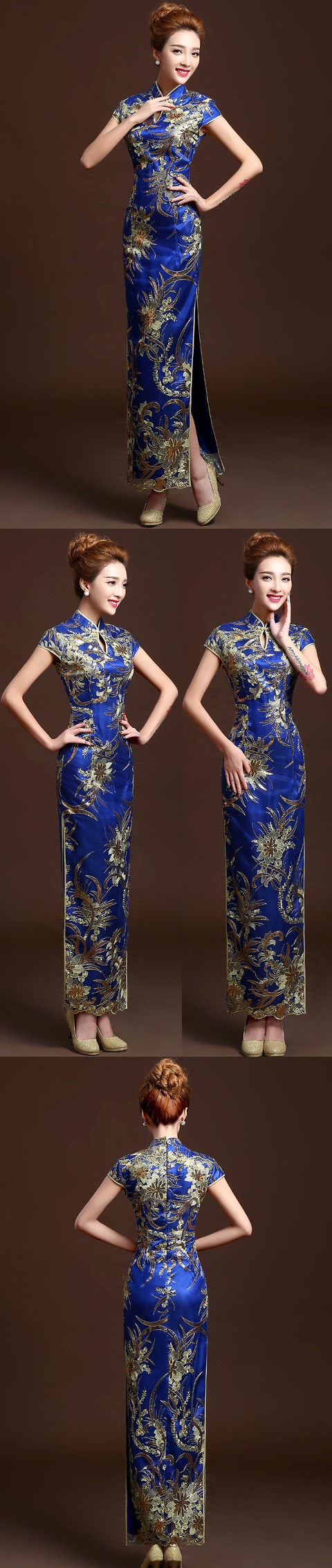 Cup-sleeve Long-length Evening-dress Cheongsam - Dk Blue (RM)