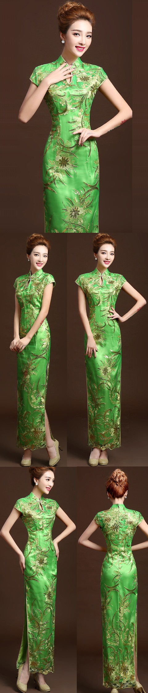 Cup-sleeve Long-length Evening-dress Cheongsam - Green (RM)