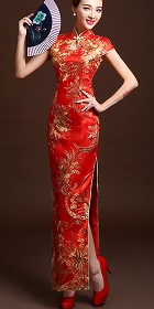 Cup-sleeve Long-length Evening-dress Cheongsam - Red (RM)