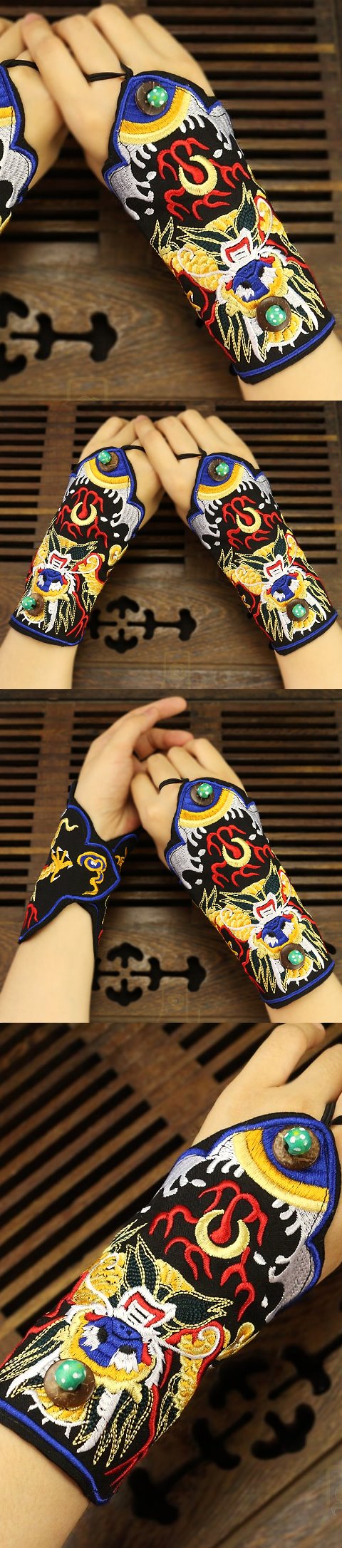 Versatile Ethnic Embroidery Mitt Gloves - Black/Gold