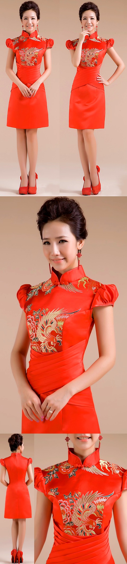 Puff-sleeve Short-length Embroidery Bridal Cheongsam (RM)