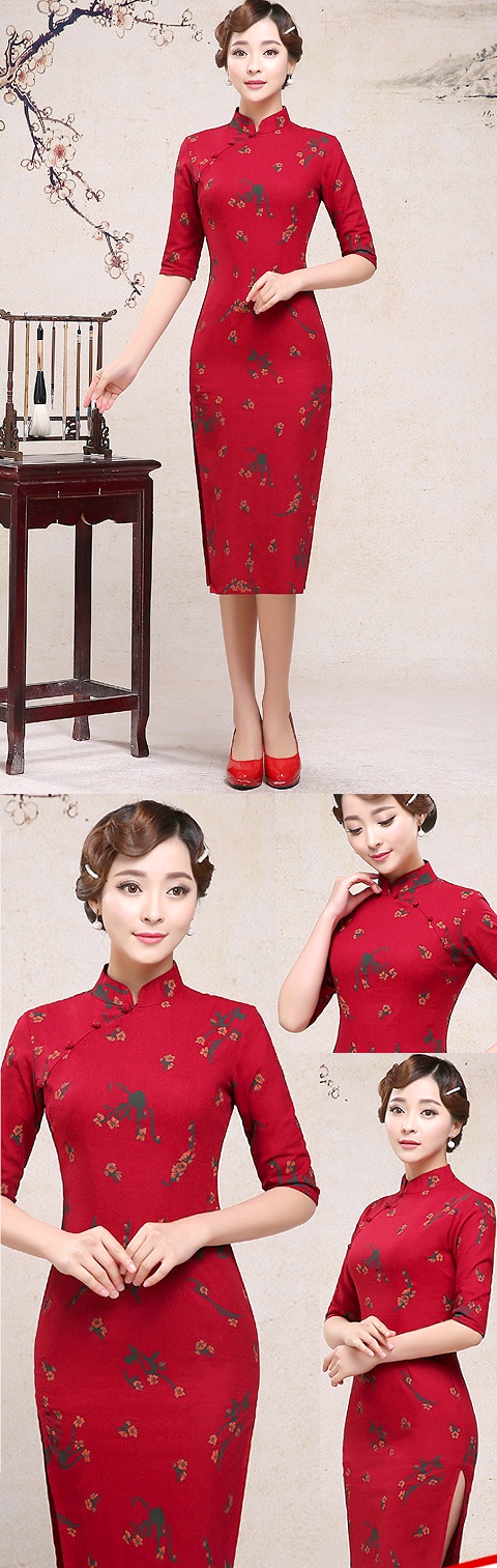 Long-length Linen Printing Cheongsam Dress (RM)