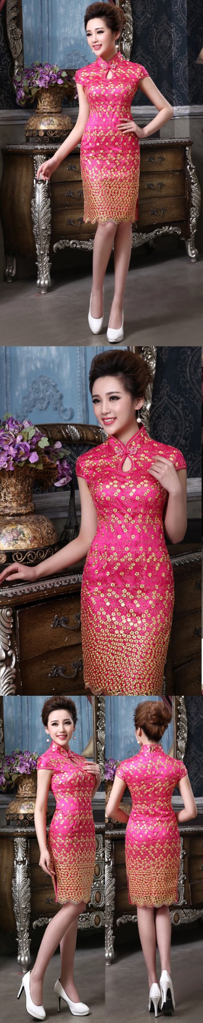 Cup-sleeve Short-length Embroidery Bridal Cheongsam (RM)