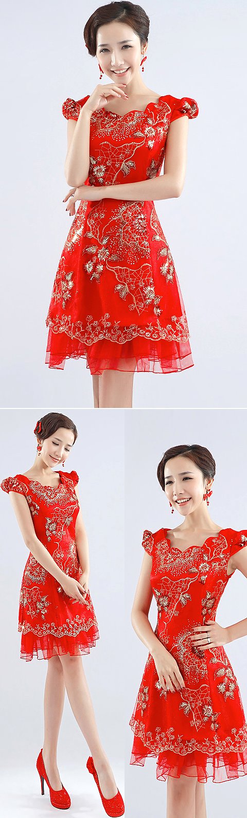 Puff-sleeve Short-length Embroidery Bridal Cheongsam (RM)