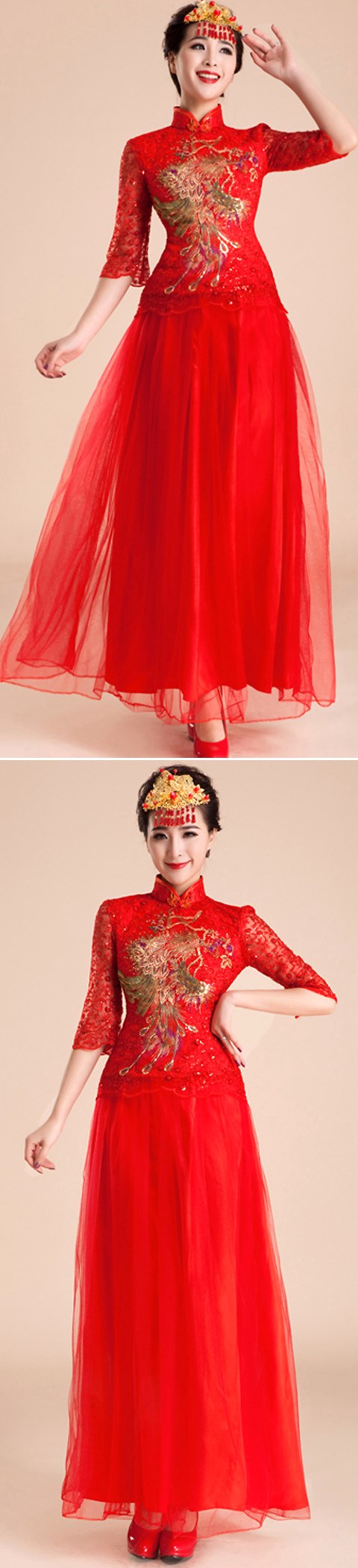 Elbow-sleeve Long-length Bridal Cheongsam (RM)