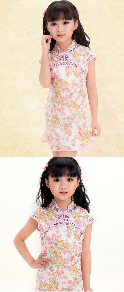 Girl's Cup-sleeve Floral Cheongsam Dress (RM)