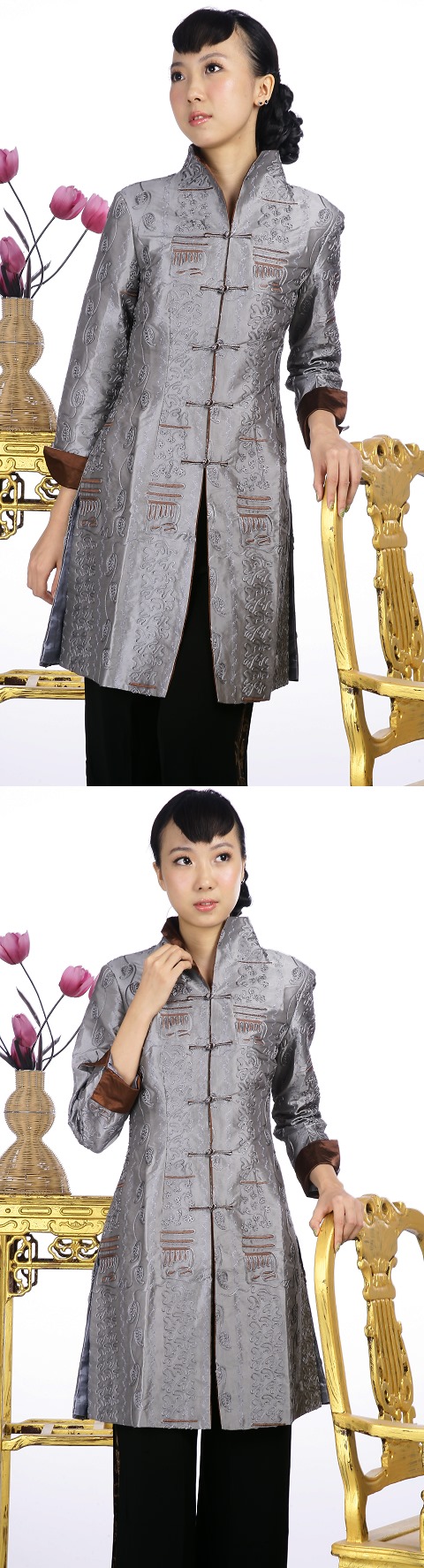 Embossed Embroidery Mandarin Coat (Silver)