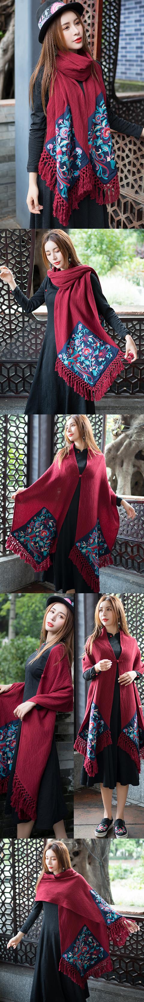 Extra Long Ethnic Flower Embroidery Shawl/Cloak