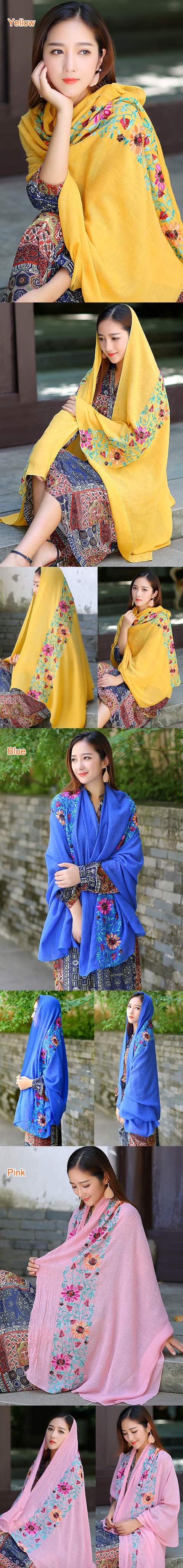 Large Ethnic Linen Flower Embroidery Shawl (Multicolor)