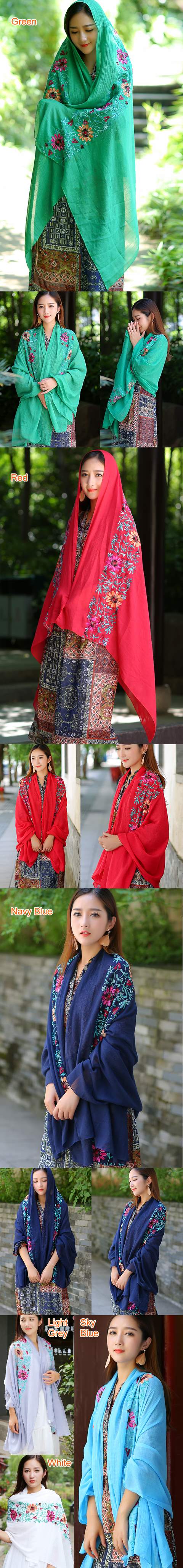 Large Ethnic Linen Flower Embroidery Shawl (Multicolor)