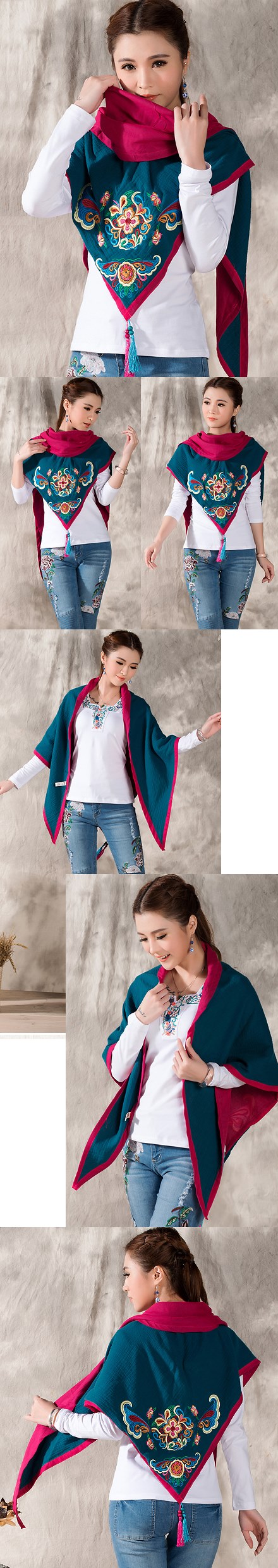 Versatile Ethnic Embroidery Cotton Linen Shawl - Aqua Blue/Fuchsia