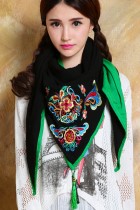 Versatile Ethnic Embroidery Cotton Linen Shawl - Black/Green