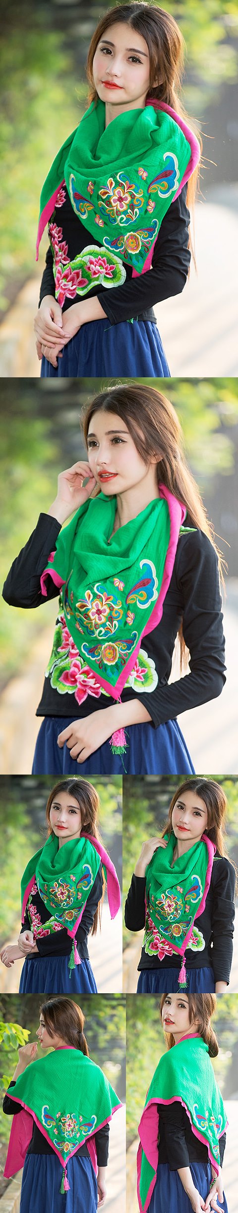 Versatile Ethnic Embroidery Cotton Linen Shawl - Green/Red