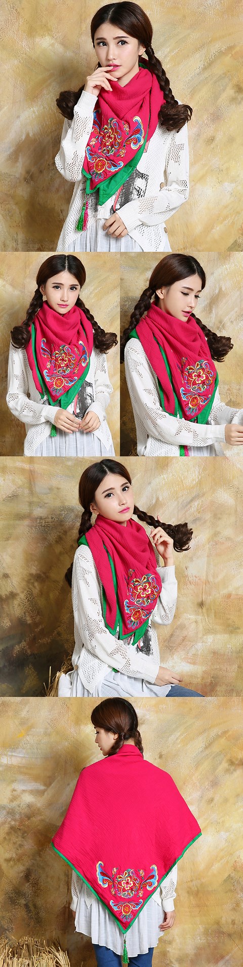 Versatile Ethnic Embroidery Cotton Linen Shawl - Red/Green
