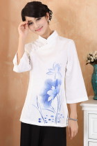 Bargain - Hand-Painting Lotus 3/4-sleeve Chinese Ethnic Blouse (Ready-Made)