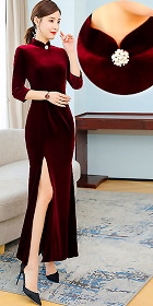 Long-length Fishtail Velvet Cheongsam (Burgundy)