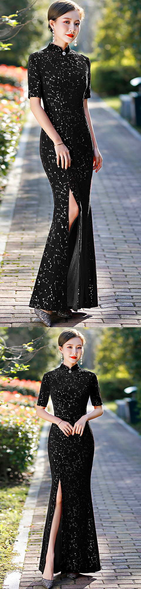 Long-length Fishtail Velvet Cheongsam (Black)